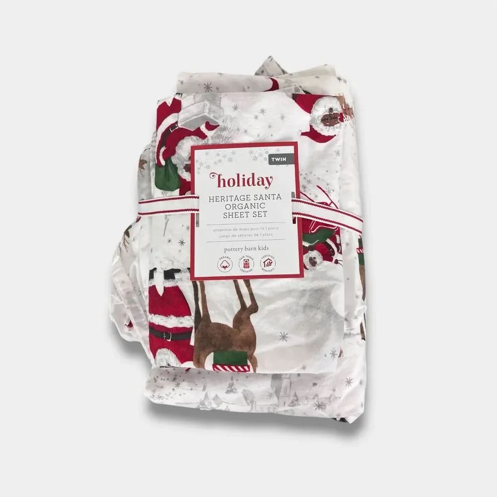 Pottery Barn Kids Heritage Black Santa Organic Twin Size Sheets